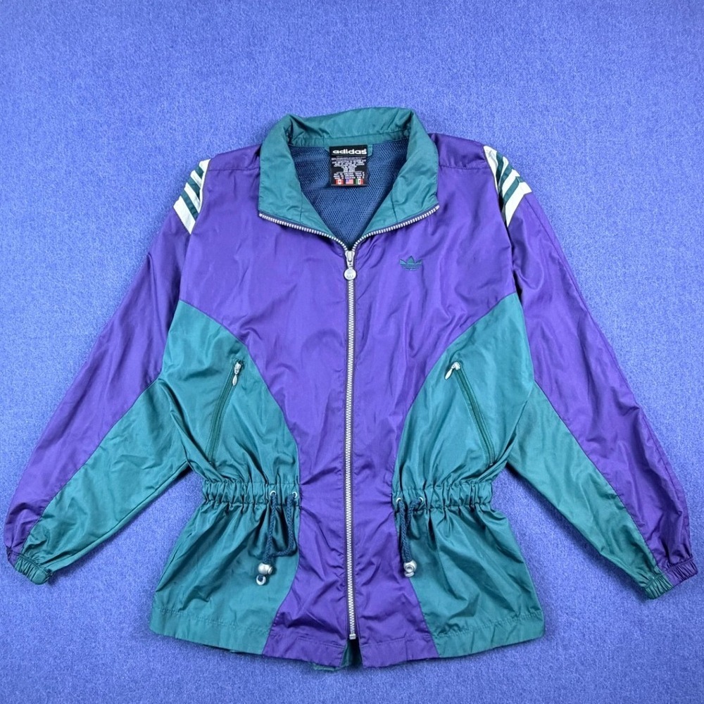 Vintage Adidas Windbreaker Jacket Purple Teal Colorblock Drawstring Waist Small